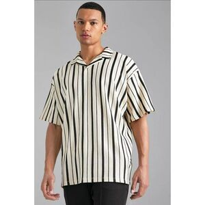 Boohoo Man Black White Striped Loose Fit Strip‎ Crinkle Shirt Size L